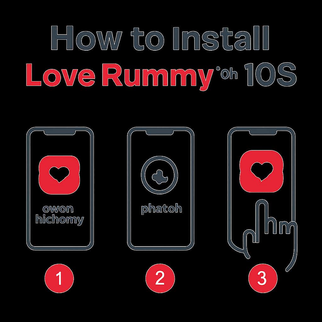 Illustration detailing the installation steps for Love Rummy on iOS.
