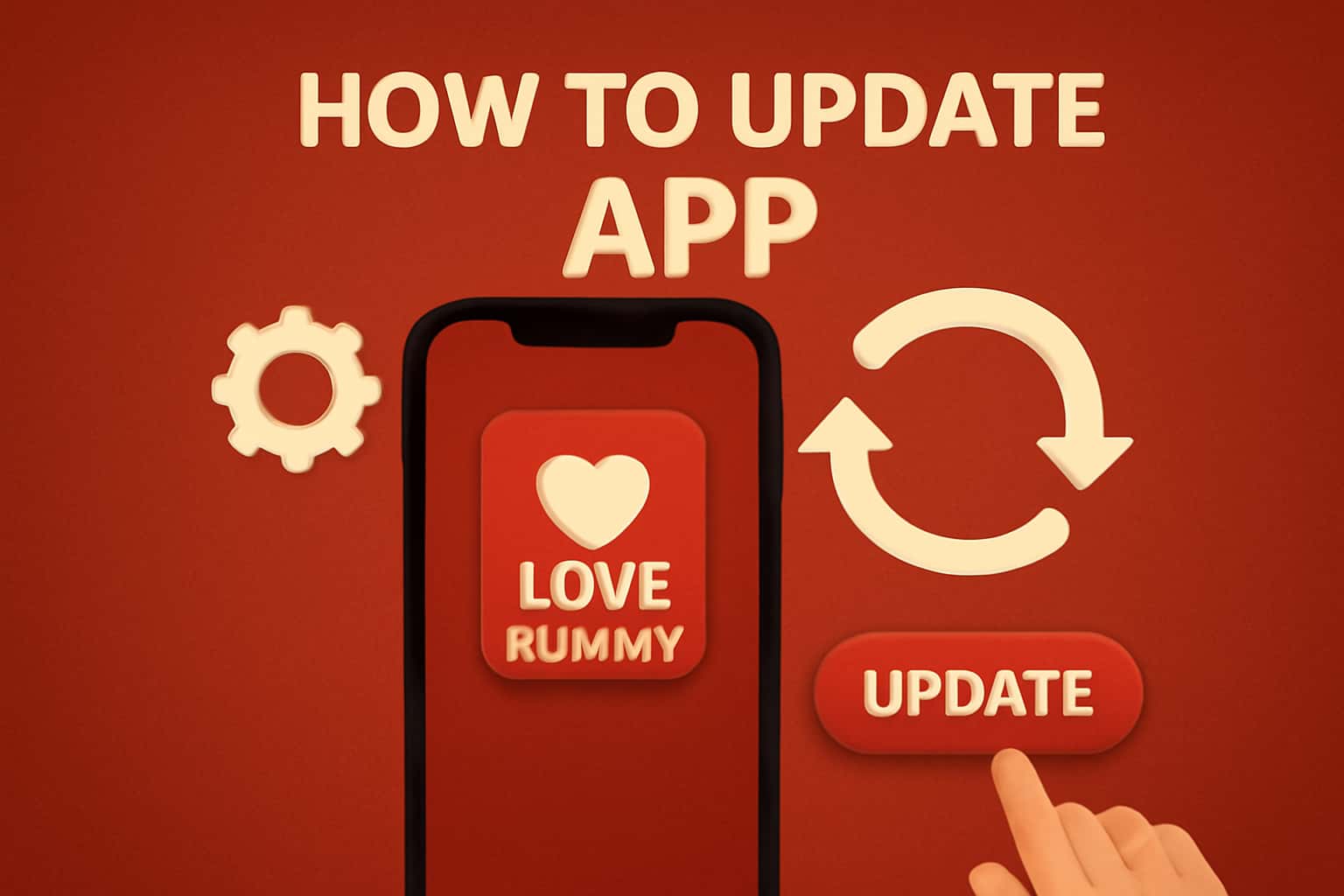 Informational scene depicting the process to update the Love Rummy app.