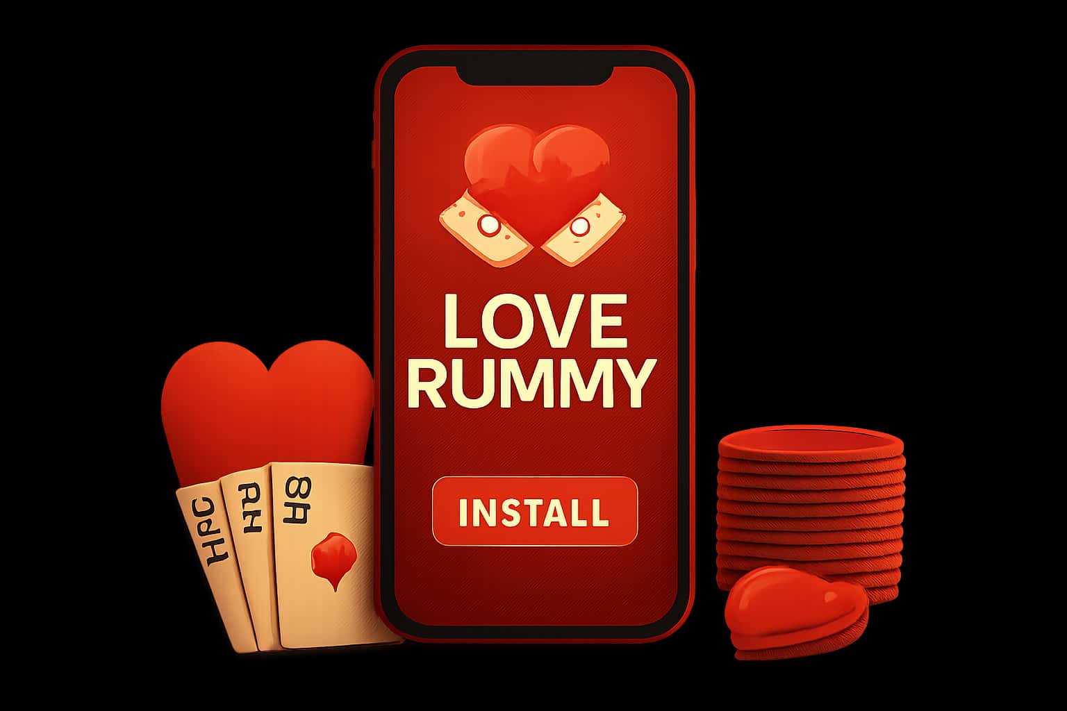 Informational scene on how to install Love Rummy on devices.